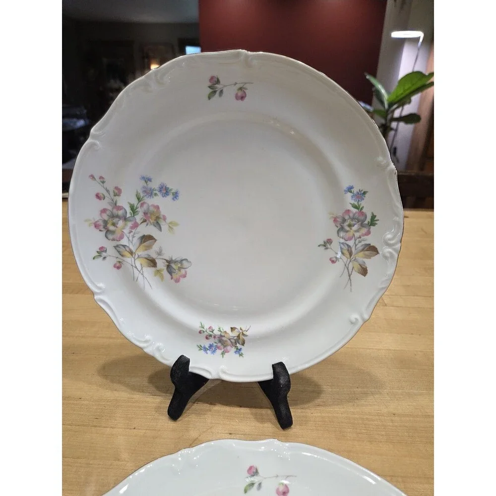 Vintage Elegant Pink Rose Blue Forget Me Not Dinner Plates Set of 4 Japan